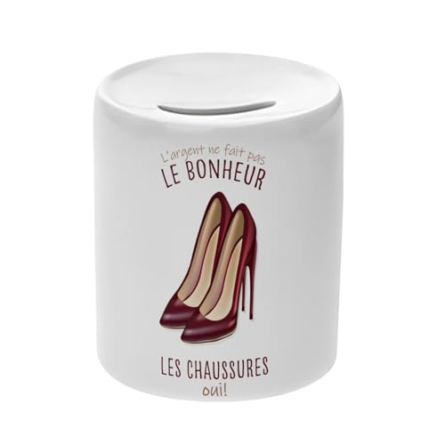 Tirelire Céramique Blanche - Talons - l'argent ne Fait Pas Le Bonheur Chaussures Boîte à Monnaie avec Bouchon Décoration Chambre Imprimé en France
