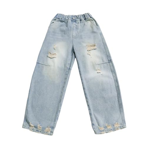Girls Ripped Jeans Casual Distressed Versatile Straight Denim Pants Vintage Wide Leg Trousers with Pockets