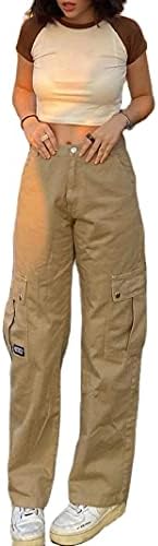 Juakoso Y2K Women Low Rise Straight Wide Leg Pants Retro Pockets Trousers Harajuku Street Wear for 90s Girls Sweatpants Khaki