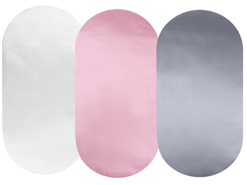 Image of Tontukatu Satin Bassinet Sheet 3 Pack Great for Baby Hair Soft Silk Feeling Snug Fitted Cradle Fitted Sheets, for Oval Rectangle Hourglass Bassinet Mattress, Unisex Boy Girl, White/Pink/Grey
