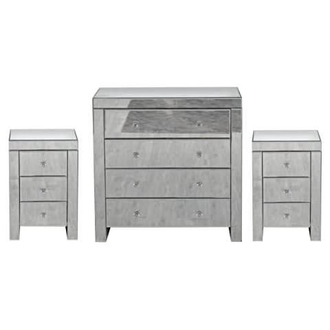 Kingwudo® Mirrored Chest of Drawers Set 3 Pieces Storage Cabinet with 4 Drawers and 3 Drawers Bedside Tables x 2 Sets Bedroom Furniture Set Cover