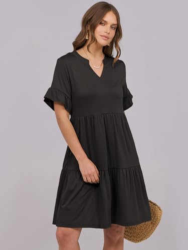 Image of ANRABESS Women's Summer Casual Dress, V-Neck Ruffle Sleeve Tiered Mini Dress, Soft Comfy Fabric with Pockets for All-Day Wear
