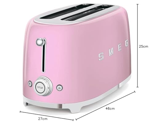 Smeg, Grille-pain 4 Tranches TSF02PKEU, 2 Fentes 36 mm, 6 Niveaux de Brunissage, Fonction Chauffage, Décongélation et Bagel, Éjection Automatique du Pain, Ramasse Miettes, 1500 W, Rose