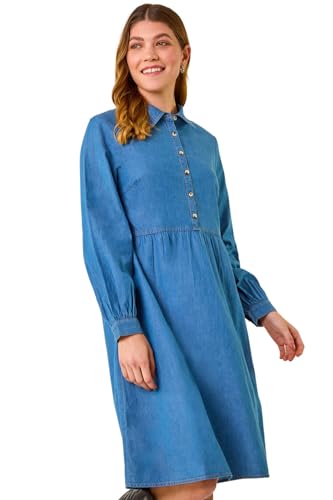 Image of Roman Originals Denim Button Through Pocket Dress for Women UK - Ladies Everyday Autumn Winter Shirt Collar Comfy Soft Evening Vacation Work Party Night Out - Denim - Size 12