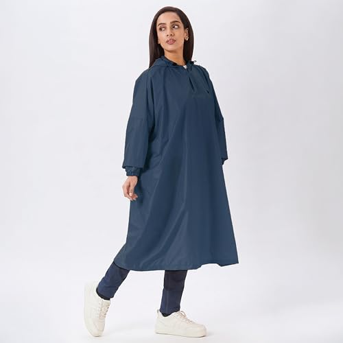 Image of Zeel Unisex Outdoor Rain Poncho for Adult, Waterproof, Lightweight & Packable, Polyester Pullover Full Sleeves Hooded Rainwear, Raincoat for Camping, Hiking, Travelling (AZ33, Free Size) (Airforce)