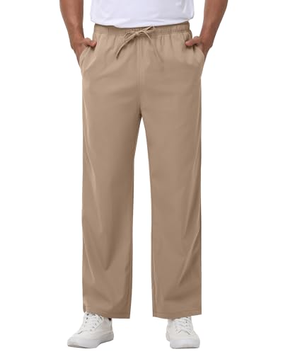 Ficerd 3 Pack Men's Casual Cotton Chino Pants, Summer Lounge Elastic Waist Drawstring Straight Pants Trousers with Pockets(Black, Light Gray, Khaki,L)4