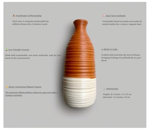 Image of SPHINX Handmade Ceramic Flower Vase - Vintage Dual-Tone Farmhouse Vase - Rustic Ribbed Texture Boho Decor Pampas Grass Vase, Artisanal Home Decor (Carafe-Shaped-8.5 Inch)