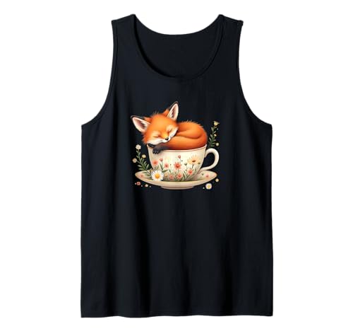 Cottagecore Floral Cute Fox Tea Cup Cool Tank Top