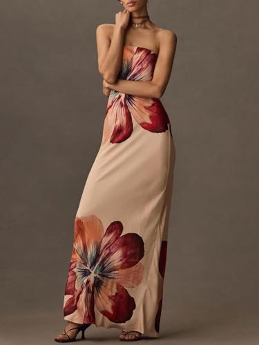 Image of Women Y2k Strapless Maxi Dress Floral Print Tube Long Dress Boho Beach Sundress Going Out Streetwear