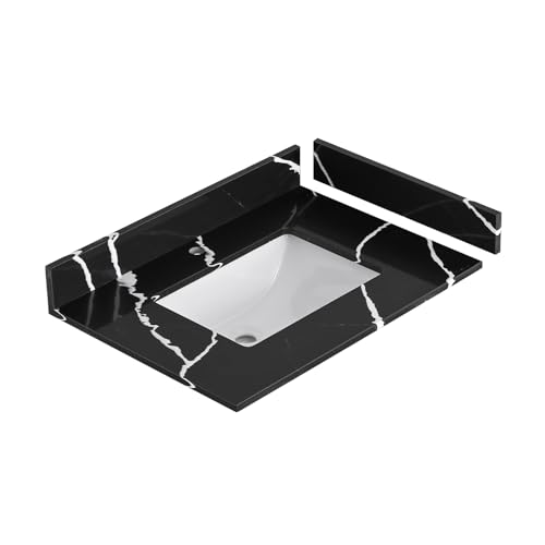 EQLOO 30 in. W x 22 in D Quartz Vanity Top in Black Marquina,with One Sidesplash & One Backsplash...