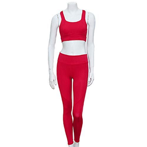 Gym Solid Color Yoga Fitness Set Vest and Leggings Pants for Women Red-S