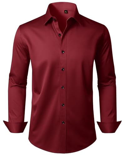 Burgundy Dress Shirt Mens Long Sleeve Wrinkle Free Formal Button Down Shirt