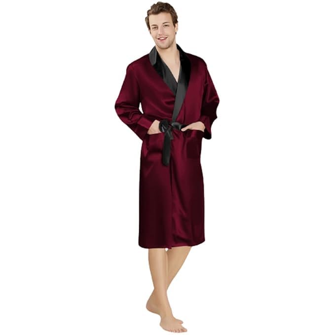 Premium Satin Robe for Men | Dressing Gown | Double Belt Closure | Contrast Collar | Soft Fabric | Worn off Guarantee | Luxury Robe for Men | Colour Wine Red