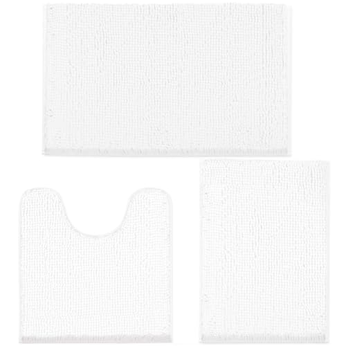 LINLA 3 Pieces Bathroom Rug Set Absorbent Non Slip Chenille Bath mat Thick Plush Chenille Carpet Mats Set Washable Dry Quickly with U-Shaped Toilet Mat for Tub ShowerWhite