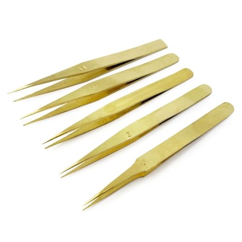 Maddisons of Durham Brass Tweezers Set, 5 Pieces, Anti-Magnetic, Professional, 12cm Length, for Jewellery Making and Watch Repairs