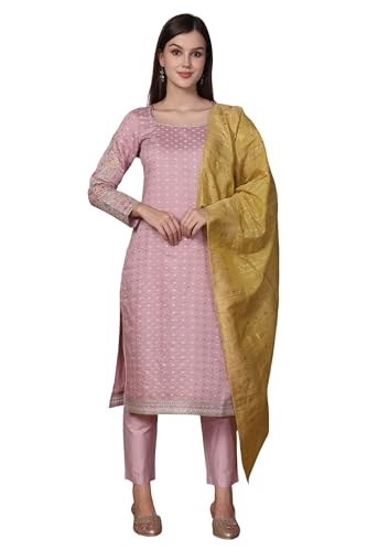 Kurta Femme Pantalon Ensemble Dupatta Rose Jacquard à Pois Coupe Droite L