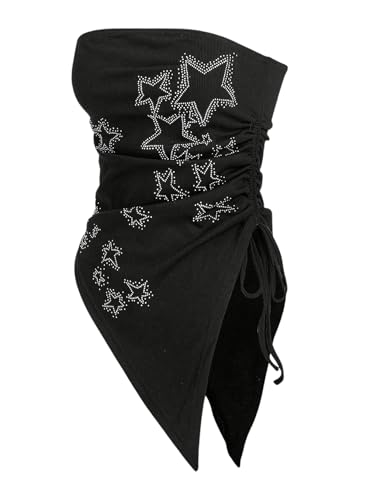 SHENHE Women's Plus Size Star Print Tube Top Ruched Drawstring Asymmetrical Fitted Y2k Bandeau Top