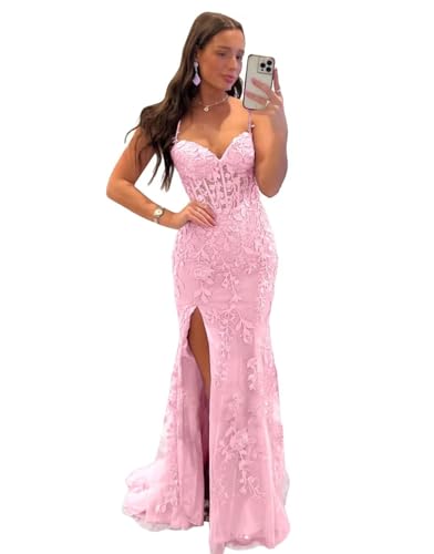 Mermaid Prom Dress for Women Long Tulle V Neck Lace Appliques Spaghetti Straps Formal Evening Party Gowns with Slit