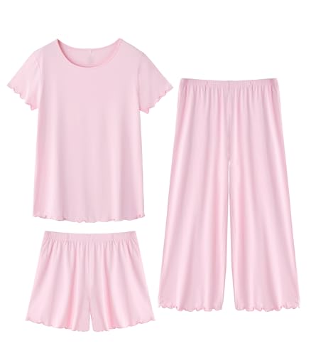 Image of WiWi 3 PCS Pajamas for Women Set Short Sleeve Pajama Sets Capri and Shorts Pj Sets Super Soft Cooling Sleepwear S-XXL
