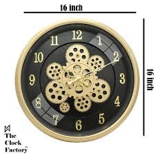 Image of Time Sync Designer Wall Clock | with Moving Gear Mechanism | Gold (Diameter -15.5 Inches)