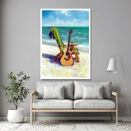 Toile guitare acoustique bord de mer pour salon musical