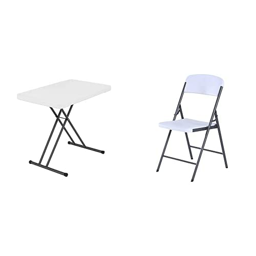 LIFETIME28241 Adjustable Height Personal Table, 30 Inch with Essential Folding Chair, White Granite