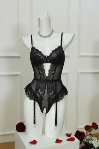Avidlove Sexy Lingerie for Women Garter Belt Set One Piece Bodysuit Lingerie Lace Teddy(Black,S)