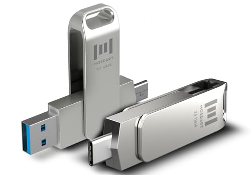 Image of MOSDART 128GB USB C 3.2 Fast Speed C and A Dual Flash Drive, exFAT Memory Stick with Keychain Loop, for iPhone 15,16,17, Android Phone, iPad, MacBook, Silver(Pack of 2)