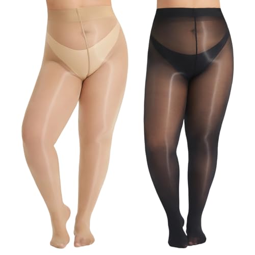 Image of MANZI Women's Plus Size Shimmer Glossy Sheer Tights Seamless Shiny Silk reflections Pantyhose Oil Pearlescent Stockings