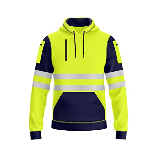 NOROZE Mens Hi-Viz Pullover Hoodie Reflective Tape High Visibility Safety Coat with 3 Zip Utility Phone & Gadget Pockets Sweatshirt Top Jacket (M, Style 4: Neon Green/Navy)