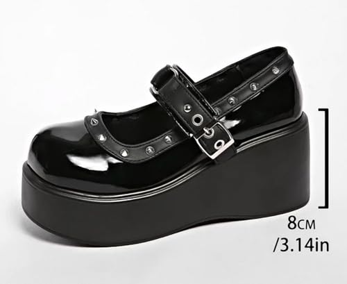 Image of Women's Platform Mary Janes Heart Cat Buckle Rivets Ankle Lolita Gothic Princess Platform Pumps Patent Leather Thorn Vintage Traditional Embroidery Upper Dress Shoes