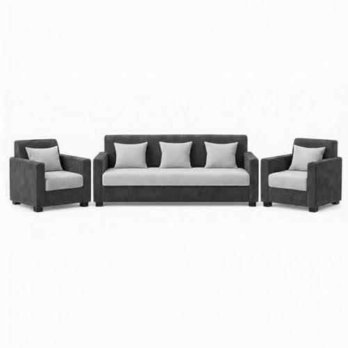 Image of FURNY Lexon 3 Seater + 1 Seater + 1 Seater Fabric Sofa Set (Dark Gray-Light Gray) with Velvet Finish | Durable Comfort | Ideal for Living Room