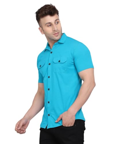 Image of Men's Half Sleeve Shirt - Spread Collar Casual Shirt with Double Flap Pockets - Slim Fit Cotton Blend Button-Down