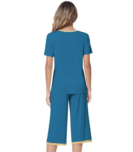 Image of NACHILA Pajamas for Women-Viscose Made from Bamboo,Satin Crew Neck Pajama Sets Short Sleeve Pjs with Capri Pants