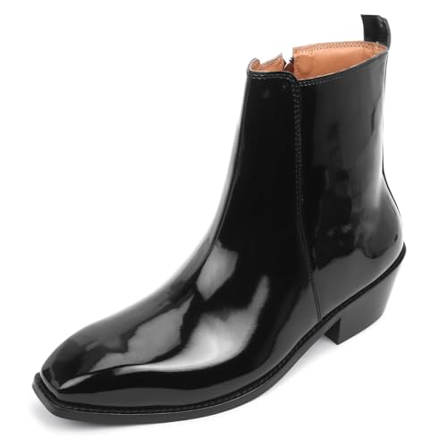 Image of LOZANO Italian Cut Black Patent Leather Chelsea Boots for Men | High Ankle Cuban Heel Square Toe Zip Closure Cushioned Insole Boot