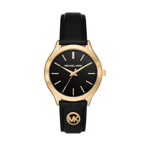Michael Kors Reloj Slim Runway para Mujer, 38 mm, Movimiento trifuncional de Cuarzo con Correa de Piel, Negro y Dorado