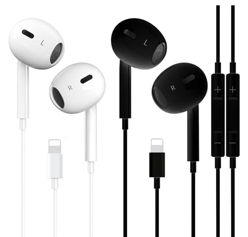 Paquete de 2 auriculares con cable para iPhone, con certificación MFi de Apple, compatibles con iPhone 14/13/12/11/XR/XS/X/8/7/SE/Pro/Pro Max (blanco y negro)