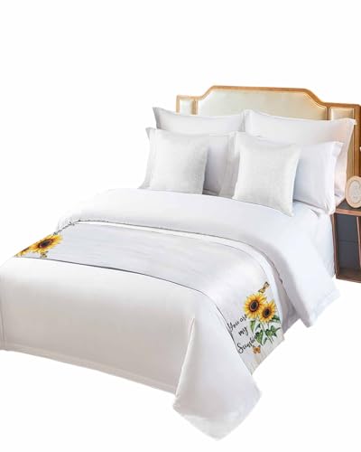 Twin Bed Runner Summer Floral Golden Sunflower Bedding Runner Scarves Decorative Bed Scarf, Summer Watercolor Butterfly Soft Bedding Scarf for Bedroom Hotel Wedding 102x20in