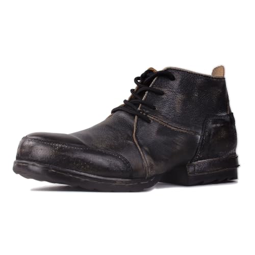 OSSTONE Vintage Black Moto Boots for Men Fashion lace-up Leather Retro Chukka Boots Casual Shoes OS-6015-7-Vintage-US-R