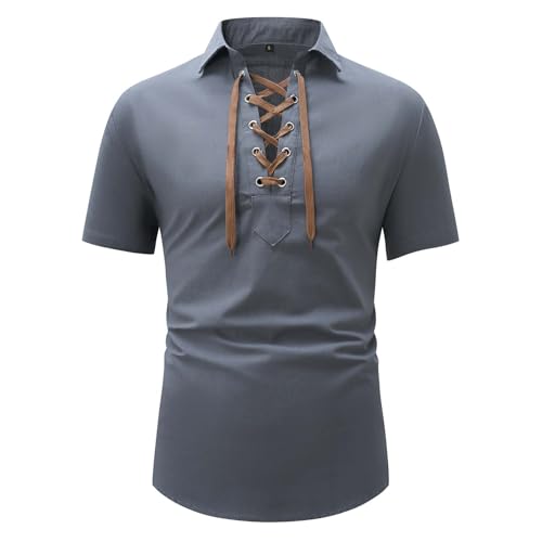 Mens Vintage Short Sleeve Pirate Henley Shirts Cotton Linen Lace Up V Neck Shirts Hippie Beach Summer Tops2