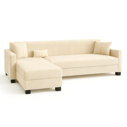 Image of SOCOZI Almeria 5 Seater LHS L Shape Sofa Set | Soft Velvet Suede Fabric | Modern Design | Plush Comfort Cushions for Living Room (Cream)