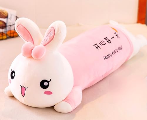 Image of Tickles Rabbit Soft Stuffed Plush Animal Bolster Pillow Cushion for Boys & Girls Sofa Room Decor Birthday Gift (Size: 60 cm Color: Pink & White)