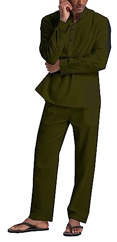 SIENDIU Herren-Leinensets, Henley-Shirts, 2-teilig, Urlaubs-Outfits, Strandkleidung, Freizeitanzug, Langarm-Shirt, Yogahose, Sommer, Grün (Army Green), Large