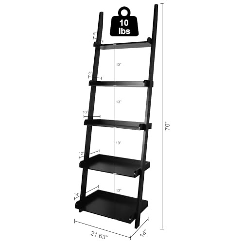 Modern-5-Tier-Leaning-Wall-Ladder-Bookshelf-Black-70-Inches-Storage-Rack-Organizer
