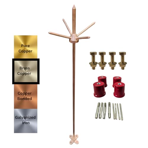 Image of Lighting Arrester for Home and Building Protection - Advanced Surge Protection - 5 Spikes | Brass Copper | 12 mm Dia | 863 mm / 34 in Length | Base Plate 8.5x8.5 cm