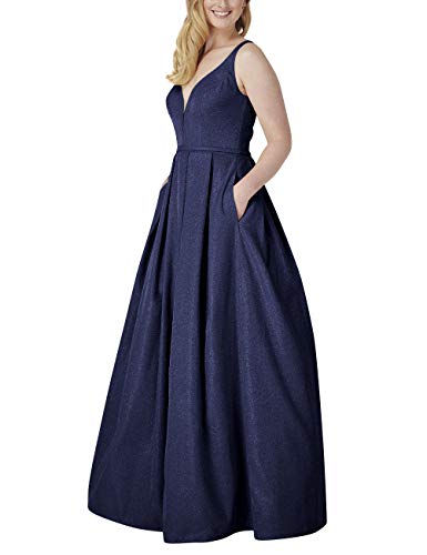 Image of VKBRIDALWomen's Glittery Spaghetti V-Neck Prom Dresses Long Side Split Formal Evening Gowns 16W Style2-navy