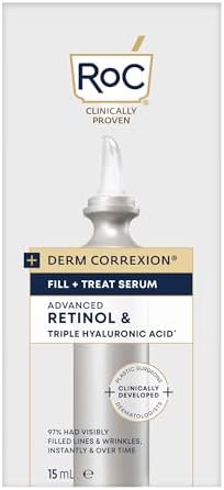 RoC Derm Correxion®️ Fill + Treat Advanced Retinol Serum, Wrinkle Filler Treatment with Hyaluronic Acid for Forehead Wrinkles, Crow's Feet, Eleven Wrinkles, and Laugh Lines, 15ML, White