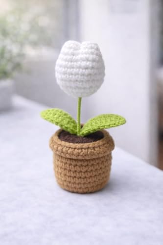 VRB DecTM 1 Pcs Crochet Flowers Artificial Tulip for Office Desk Car Dashboard Decor,Table Decor,Home Decoration, Office,Decor,Bedroom, Christmas (Off-White Tulip with Knitted Crochet Pot)