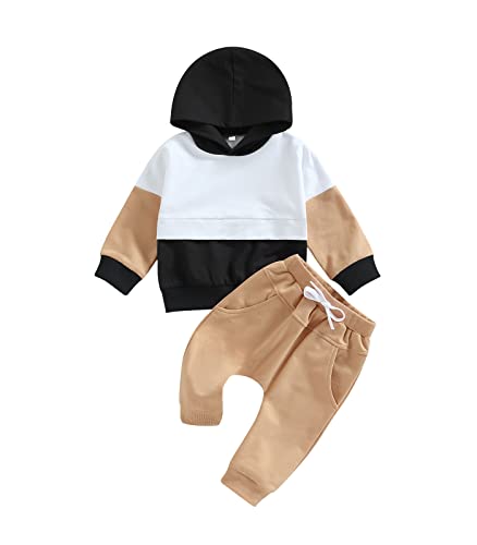 Image of Baby Boy Clothes 3 6 9 12 18 24M 3T Pants Set Hooded Patchwork Hoodie Striped Fall Winter Outfit (Black Yellow, 3-6 Months)