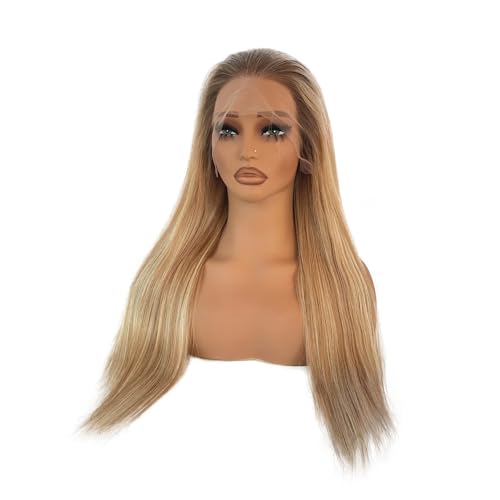 Image of Ash Blonde Highlight Wig Human Hair, Wear and Go Glueless 13x4 Frontal Wig Ombre Colored Balayage Blonde with Brown Lace Front Wigs Human Hair 180% Density Thick Ends Free Part Lace Wigs for Women 22 inch